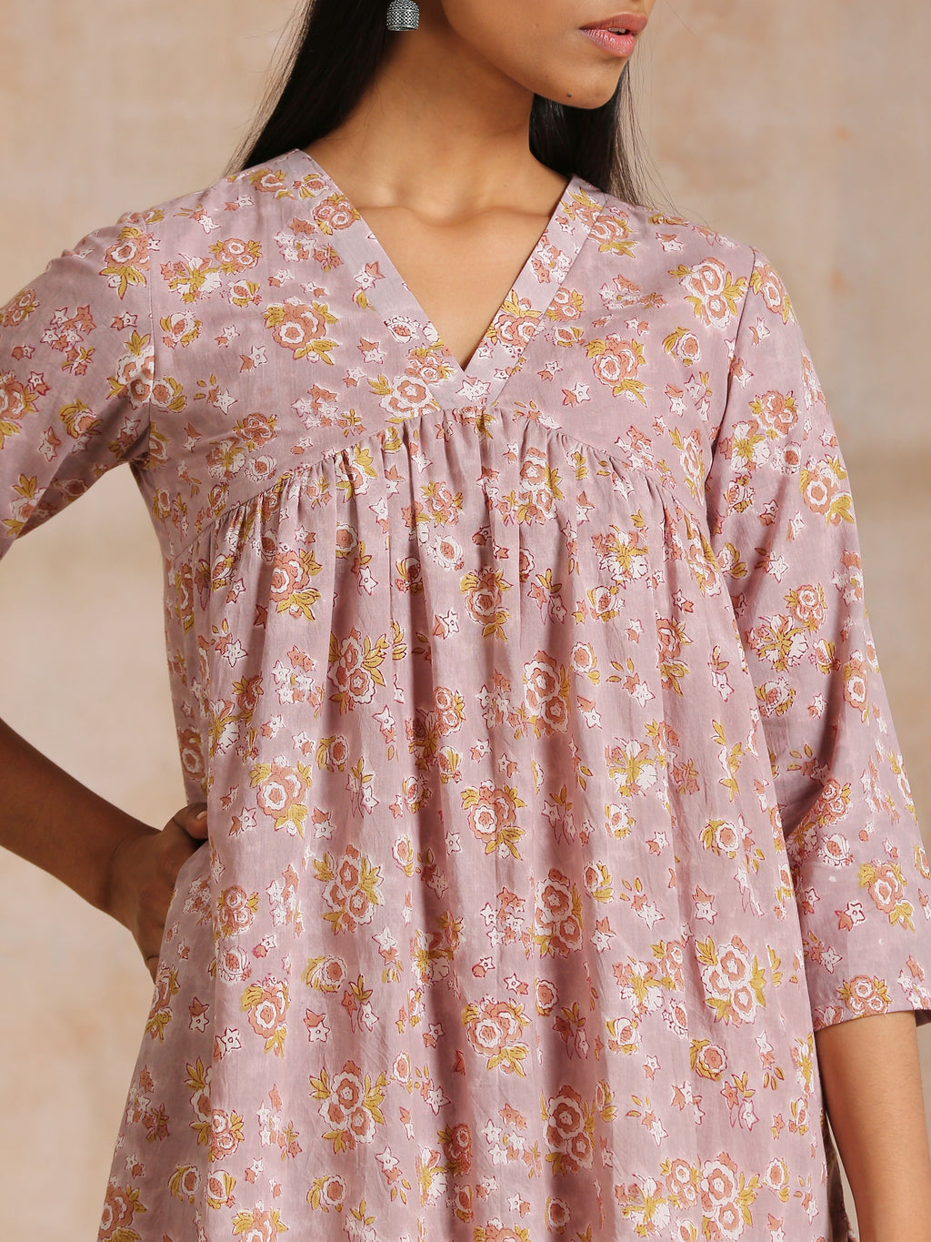 trueBrowns Grey Overall Floral Block Print Cotton Flared Slit Kurta Pant Set | Relove - Distacart