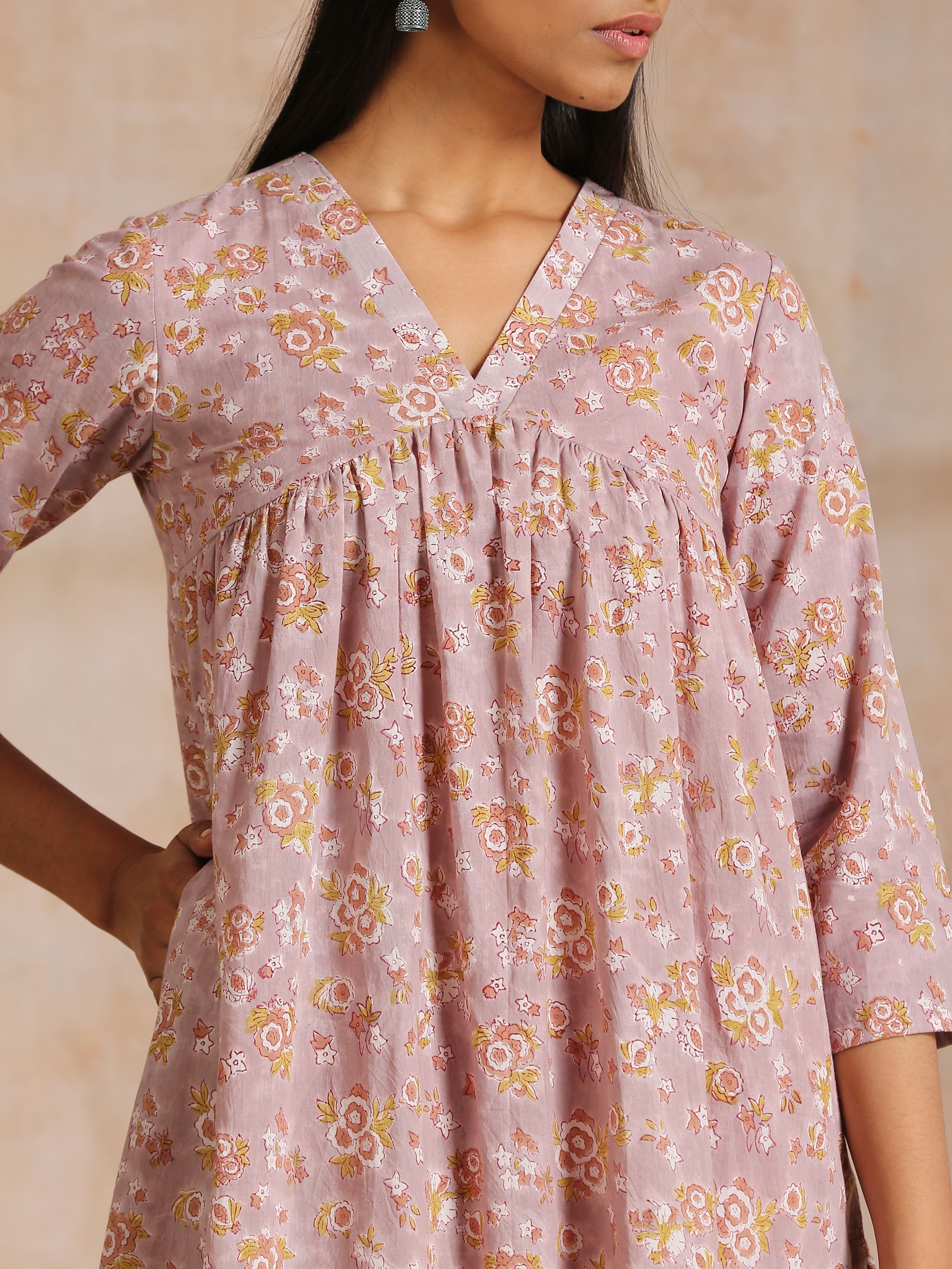 trueBrowns Grey Overall Floral Block Print Cotton Flared Slit Kurta Pant Set | Relove - Distacart