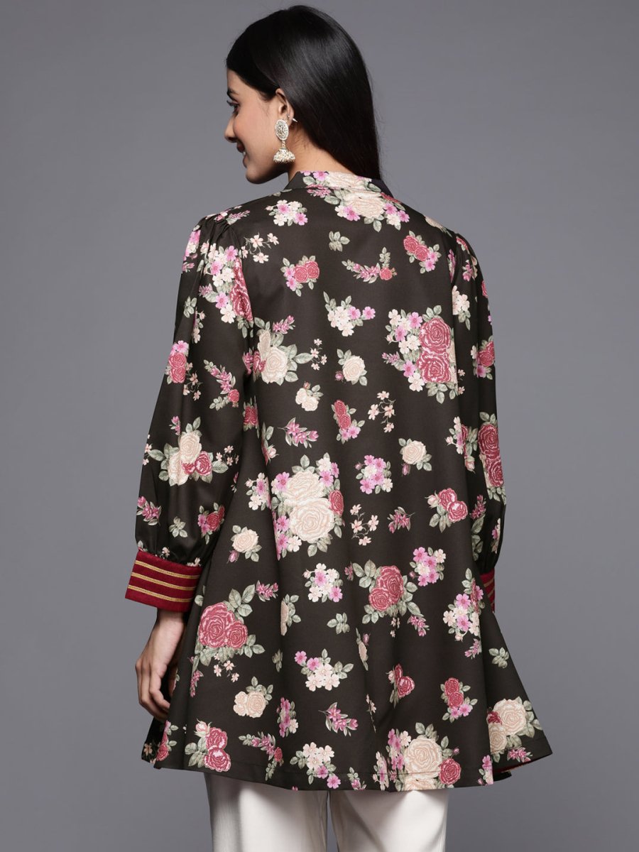 Ahalyaa Mandarin Collar Floral Print Crepe Tunic