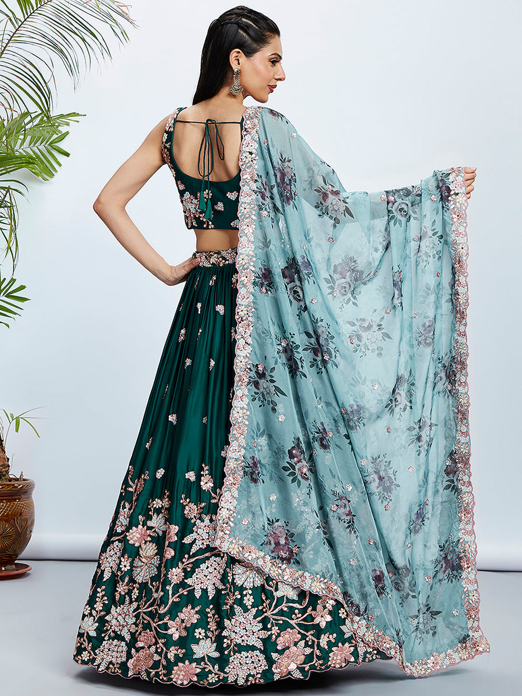 House of Panchhi Teal Pure Georgette Sequins And Thread Embroidery Lehenga Choli & Dupatta