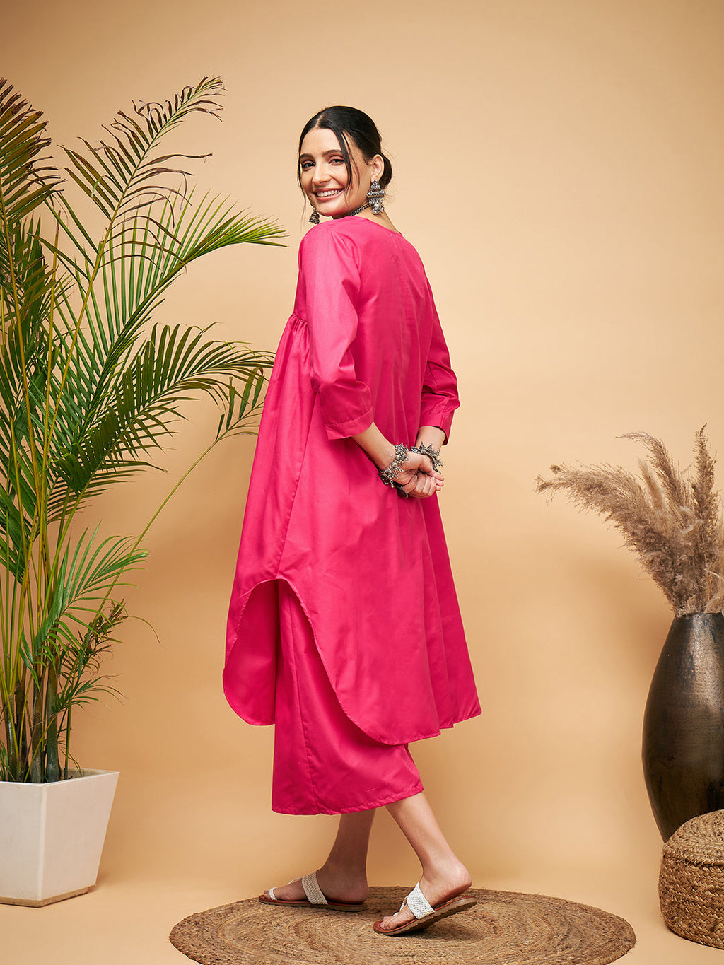 InWeave Women's Fuchsia Flared Kurta Palazzo Set