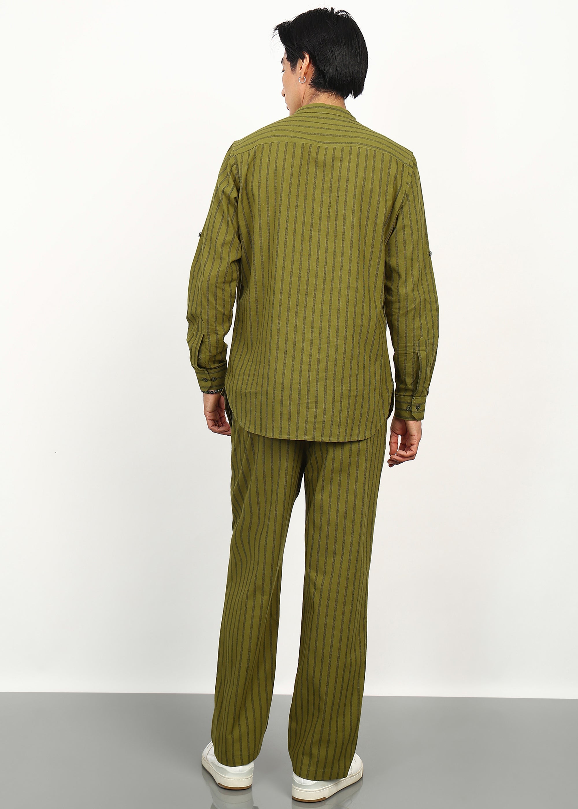 Fabmade Olive Stripe Linen Kurta Set