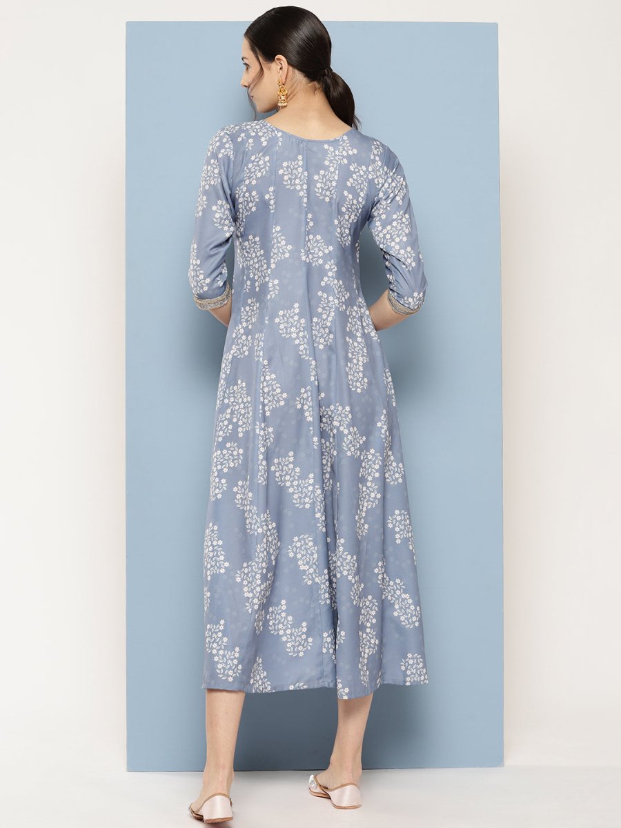 Ahalyaa Floral Printed Midi A-Line Ethnic Dress - Distacart