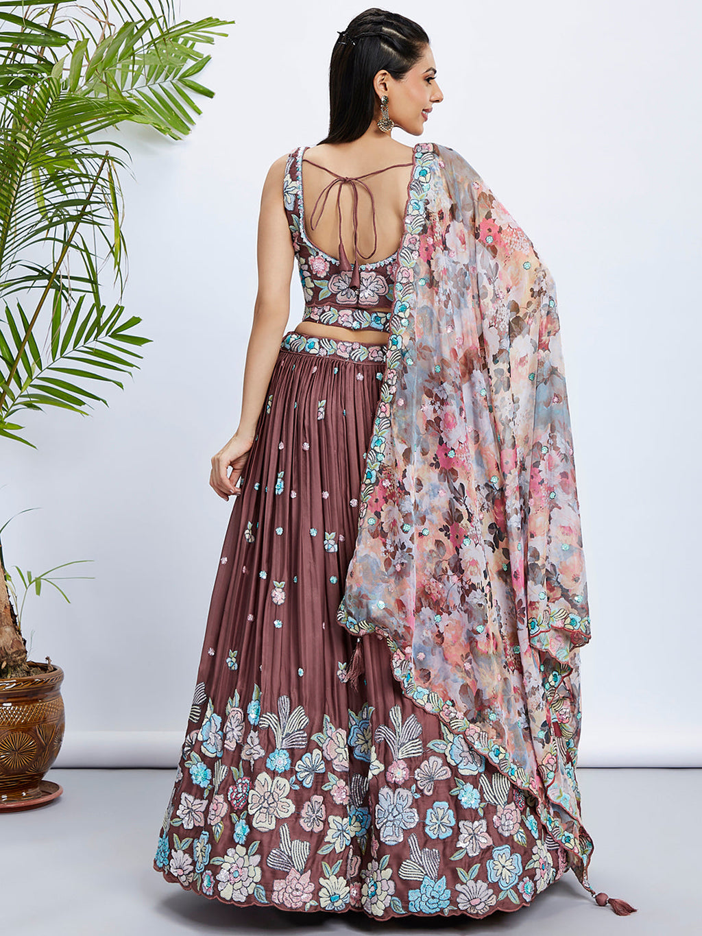 House of Panchhi Rose Gold Pure Georgette Sequins And Thread Embroidery Lehenga Choli & Dupatta