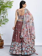 House of Panchhi Rose Gold Pure Georgette Sequins And Thread Embroidery Lehenga Choli & Dupatta