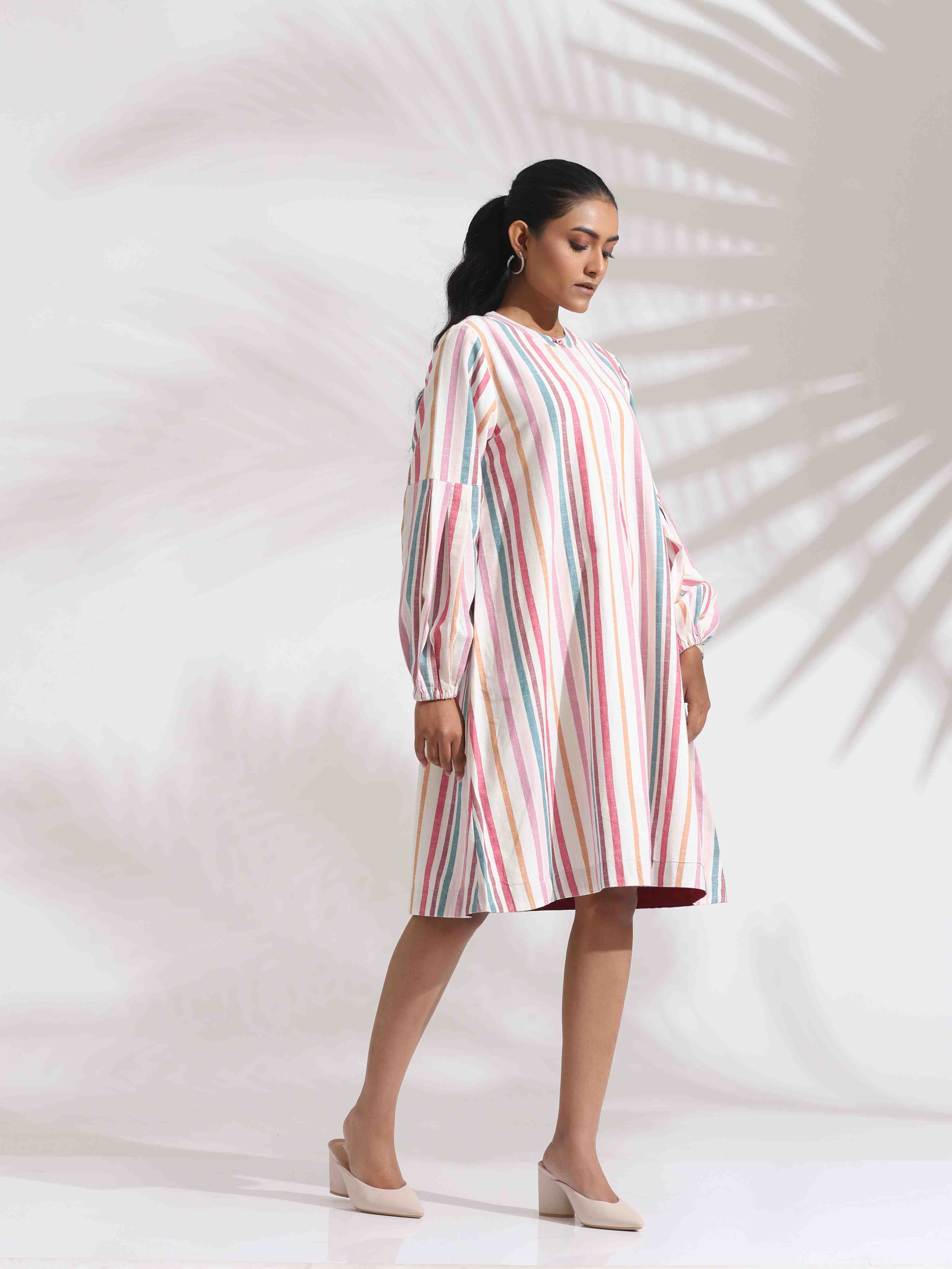 trueBrowns Off-White Cotton Multi Stripe Short Dress - Distacart