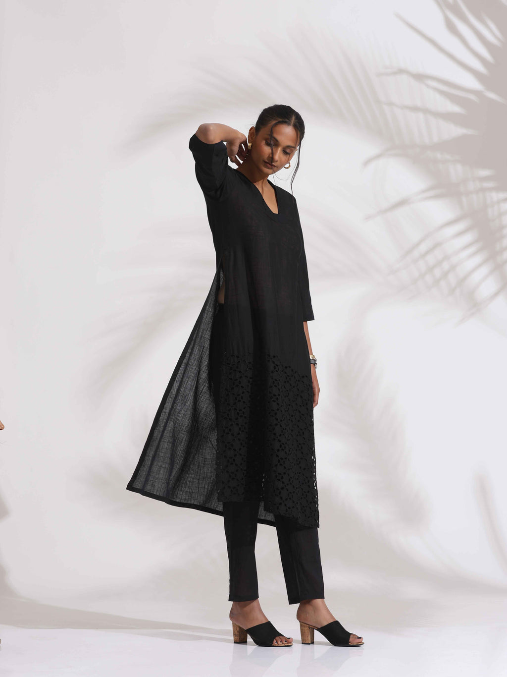 trueBrowns Black Cotton Schiffli Kurta Set - Distacart