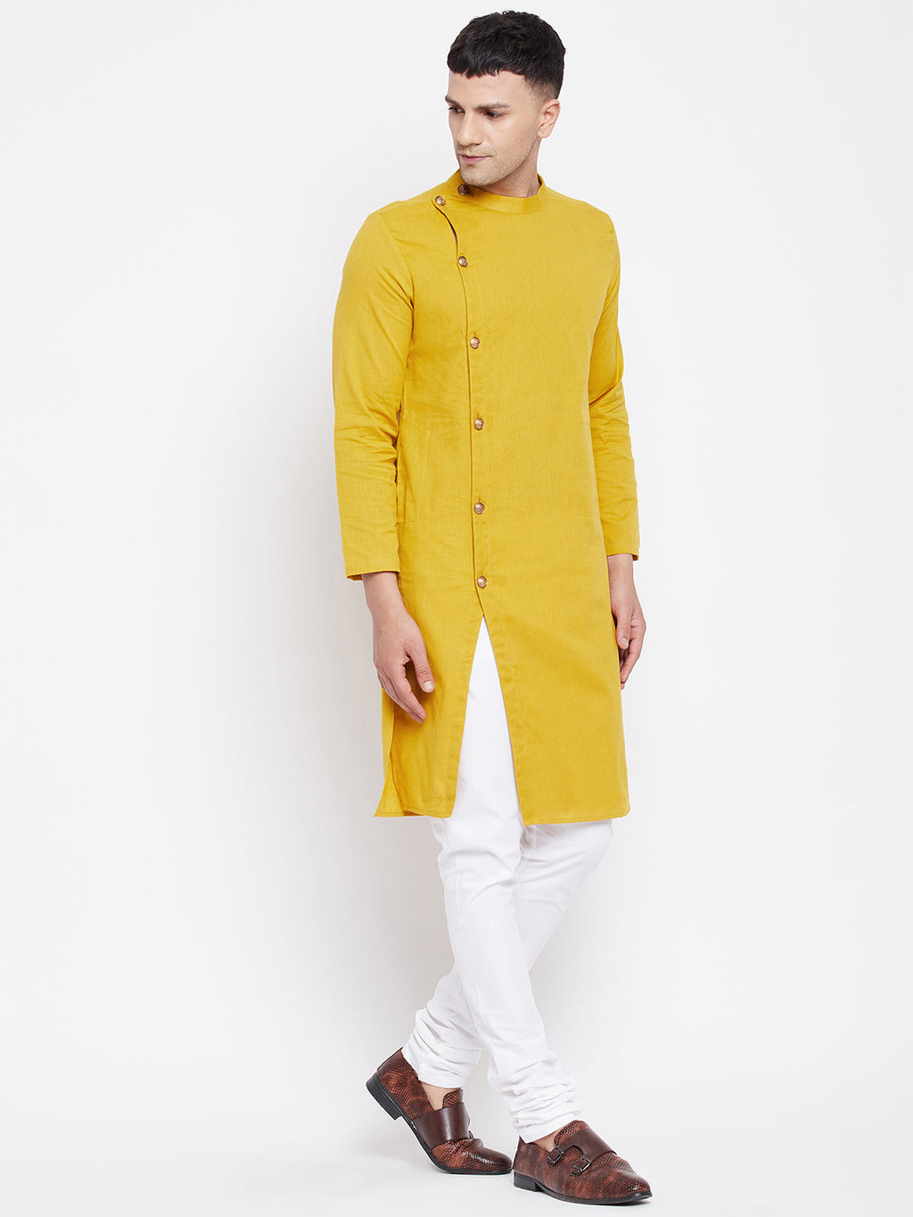 Even Apparels Yellow Pure Cotton Kurta With Band Collar - Distacart