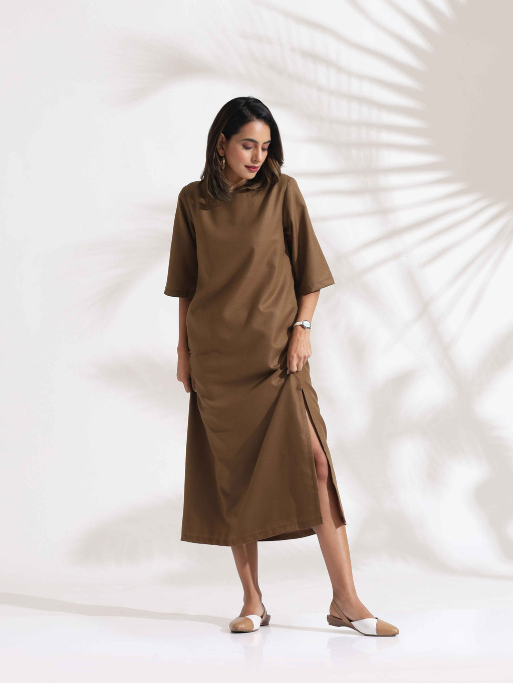 trueBrowns Brown Slub Dress - Distacart