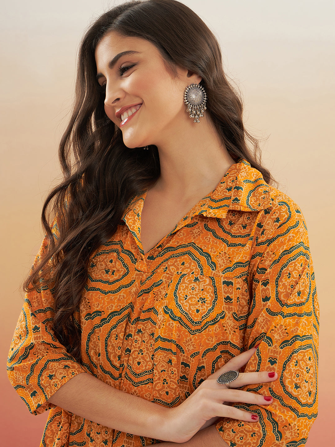 InWeave Women's Haldi Yellow Mughal Kalamkari Flared Dress - Distacart