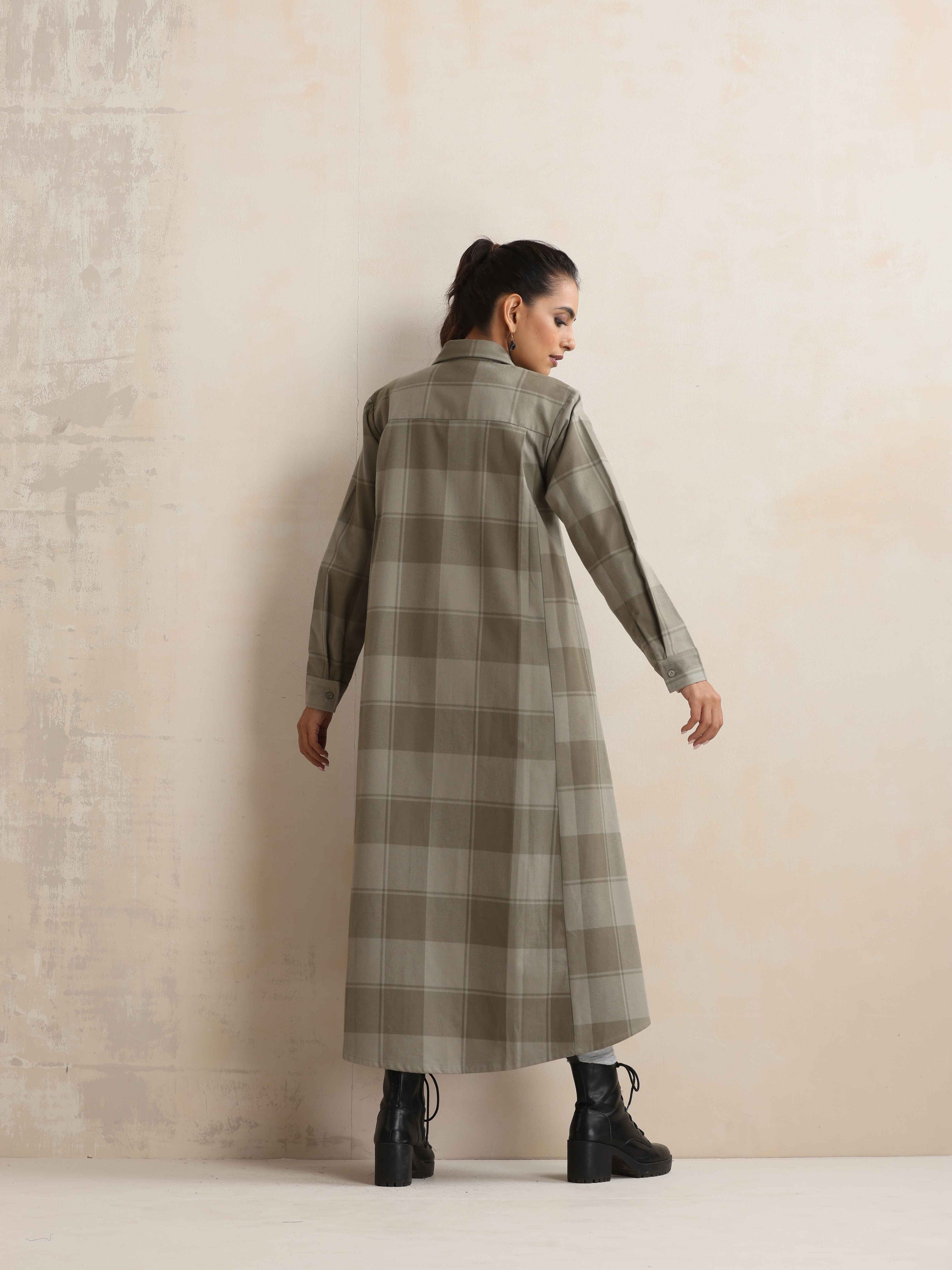 trueBrowns Green Check Flared Winter Dress - Distacart