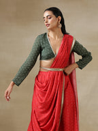 trueBrowns Red Bandhani Printed Silk Skirt Stitched Saree with Belt