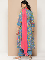 KSUT (House of Varanga) Blue Floral Printed Anarkali Kurta Paired With Printed Palazzo And Dupatta - Distacart