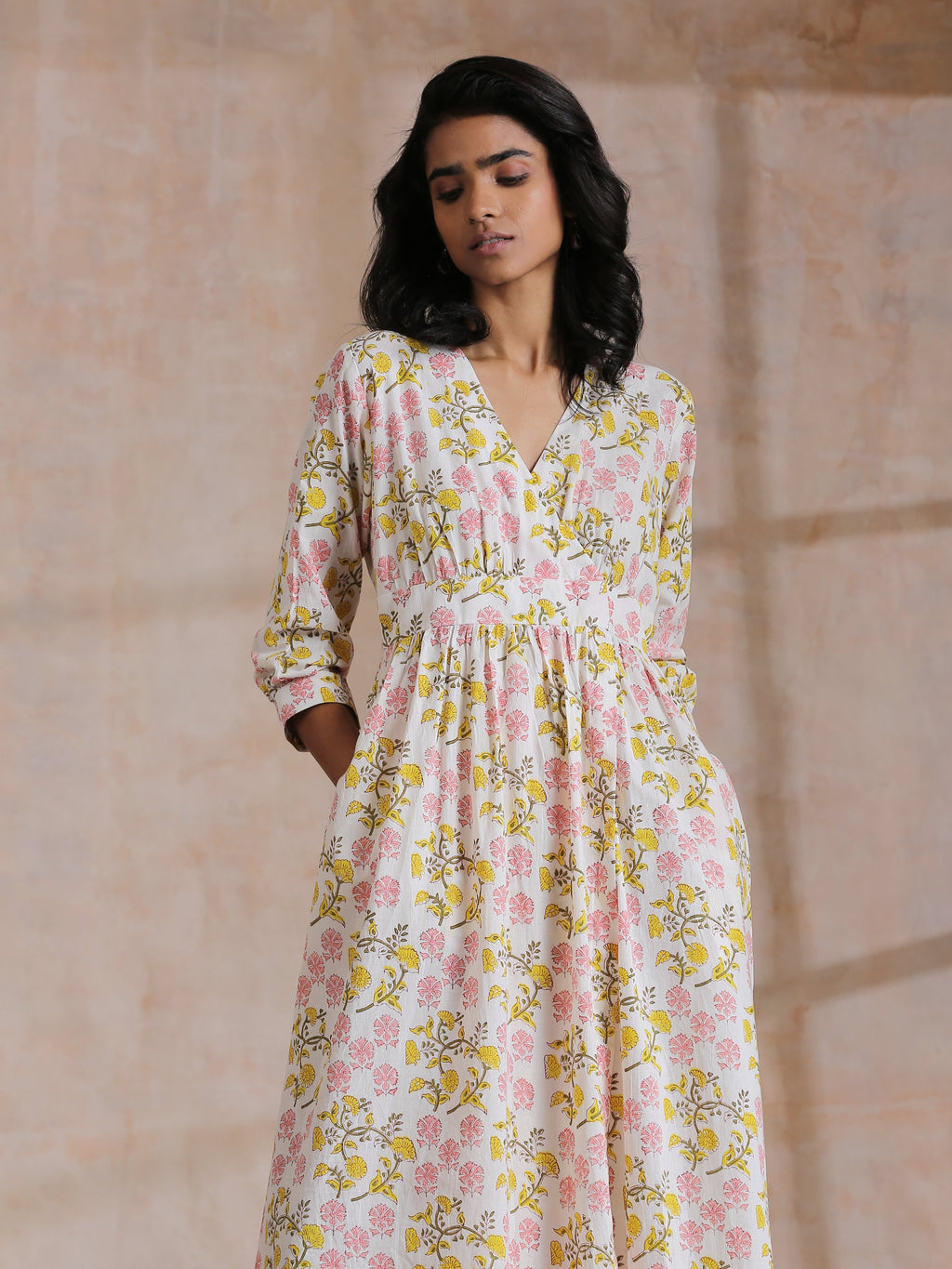 trueBrowns Pink Yellow Floral On White Block Print Cotton Wrap Dress - Distacart