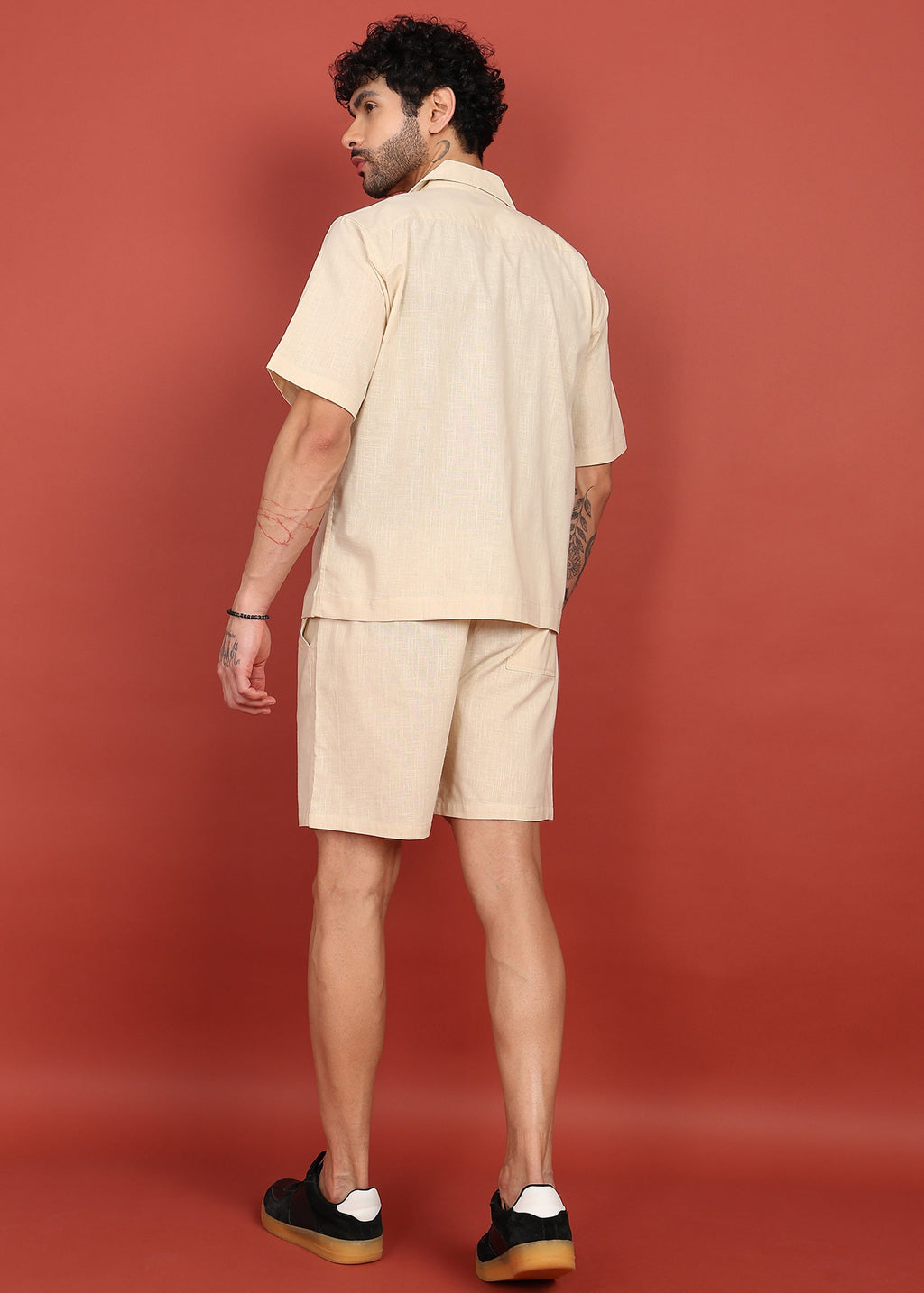 Fabmade Men Beige Cotton Linen Coort-Set Shorts