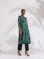 trueBrowns Green Cotton Print Front Slit Kurta Set - Distacart