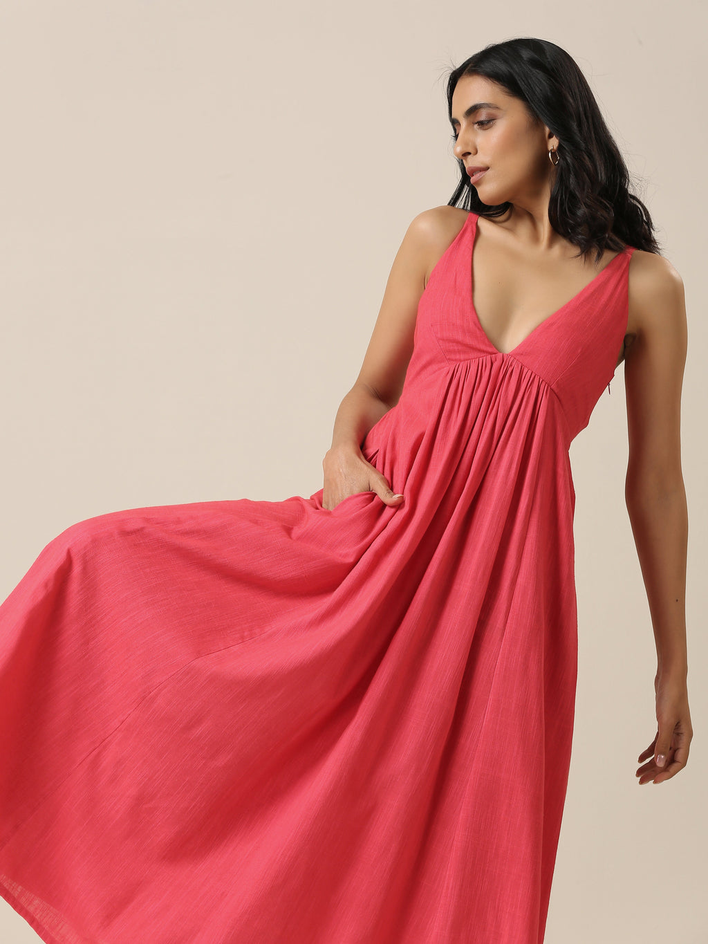 trueBrowns Bright Pink Slub Texture Sleeveless Dress - Distacart