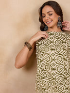 InWeave Mehandi Green White Moroccan Print Round Neck Kurta Set