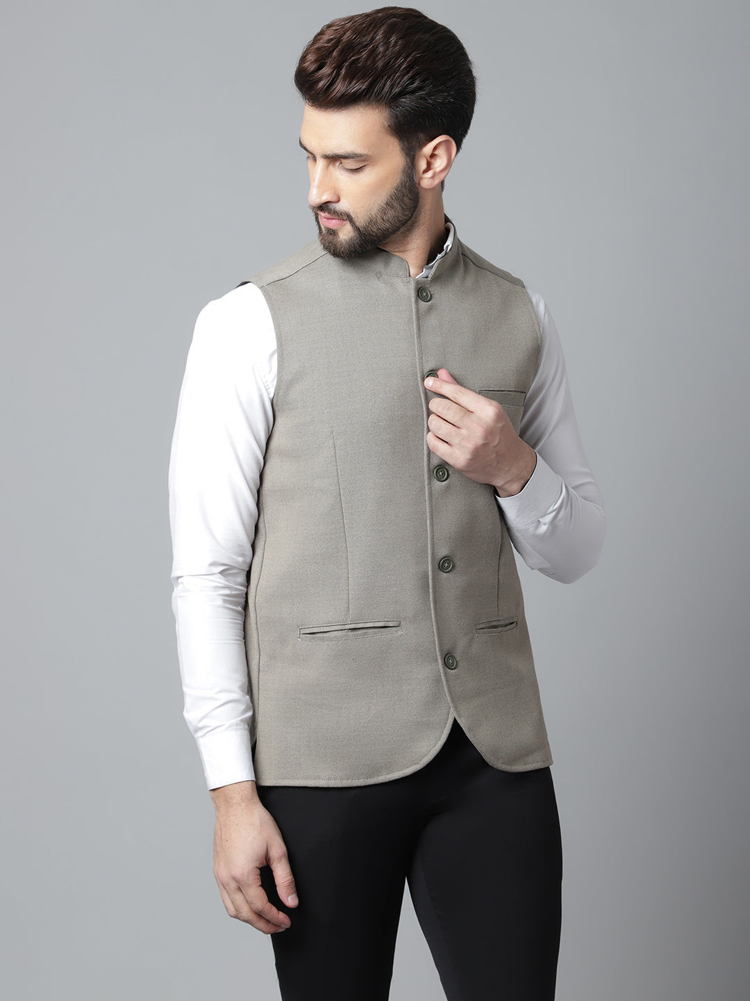 Even Apparels Men's Cream Nehru Jacket With Welt Pockets