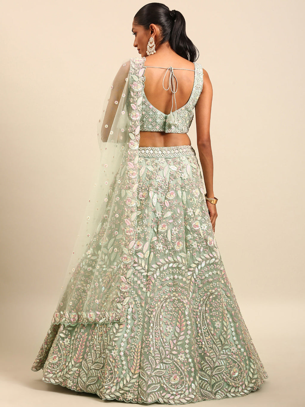 House of Panchhi Sea green Net Multi Sequins with heavy Zarkan embroidery Lehenga choli & Dupatta