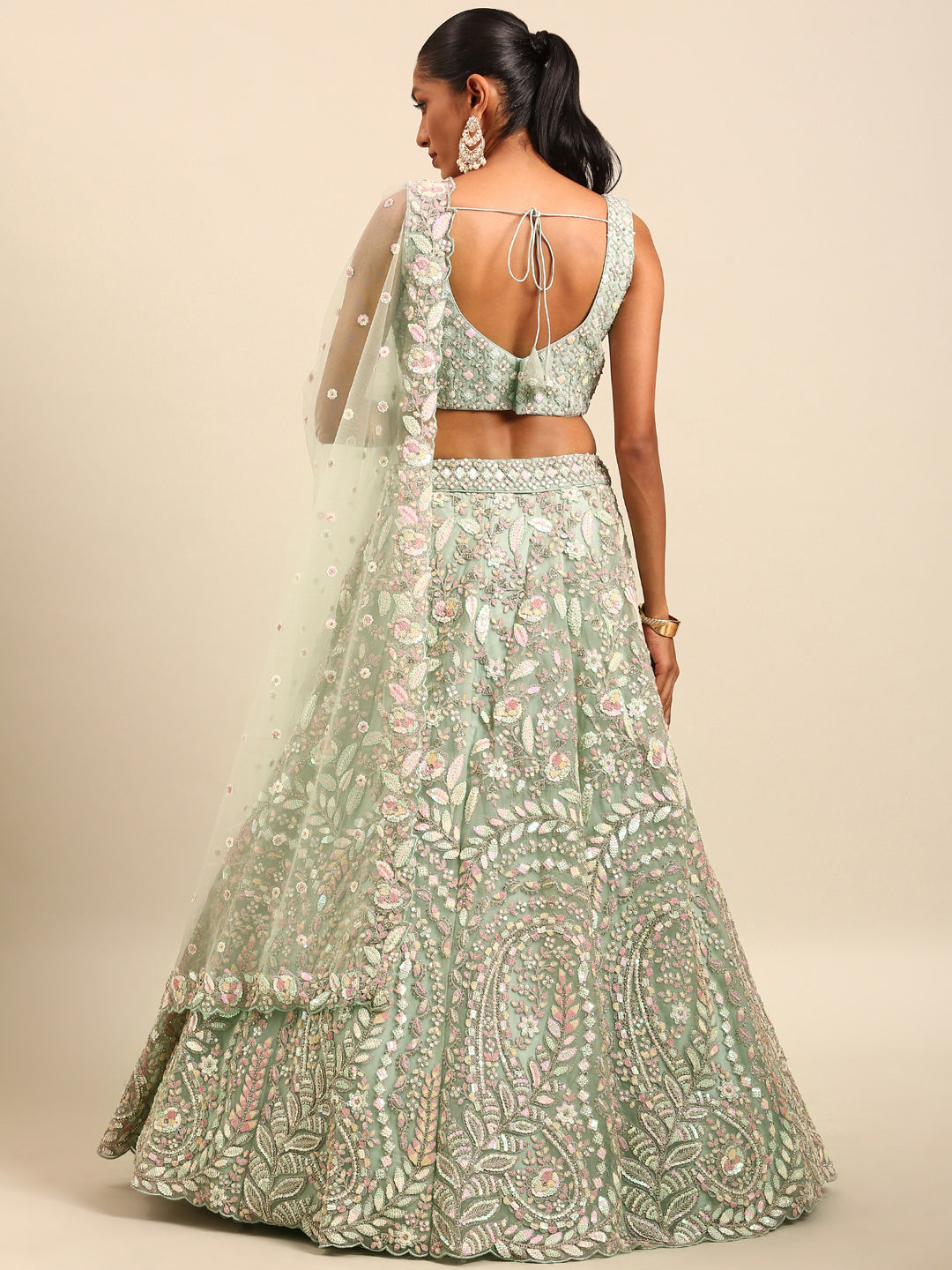 House of Panchhi Sea green Net Multi Sequins with heavy Zarkan embroidery Lehenga choli & Dupatta