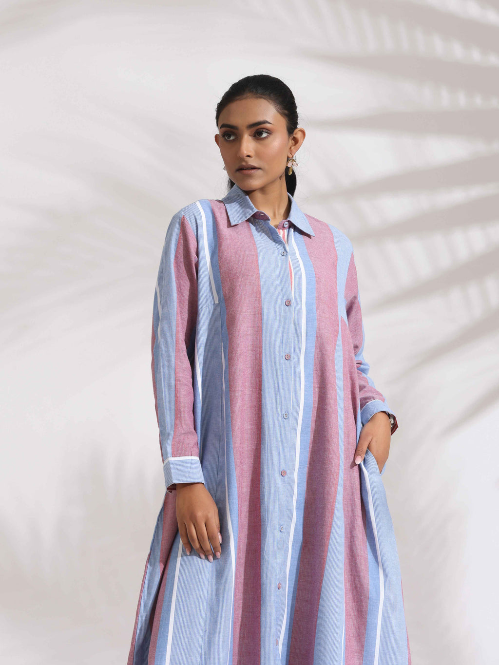 trueBrowns Blue Cotton Stripe Flared Shirt Dress - Distacart