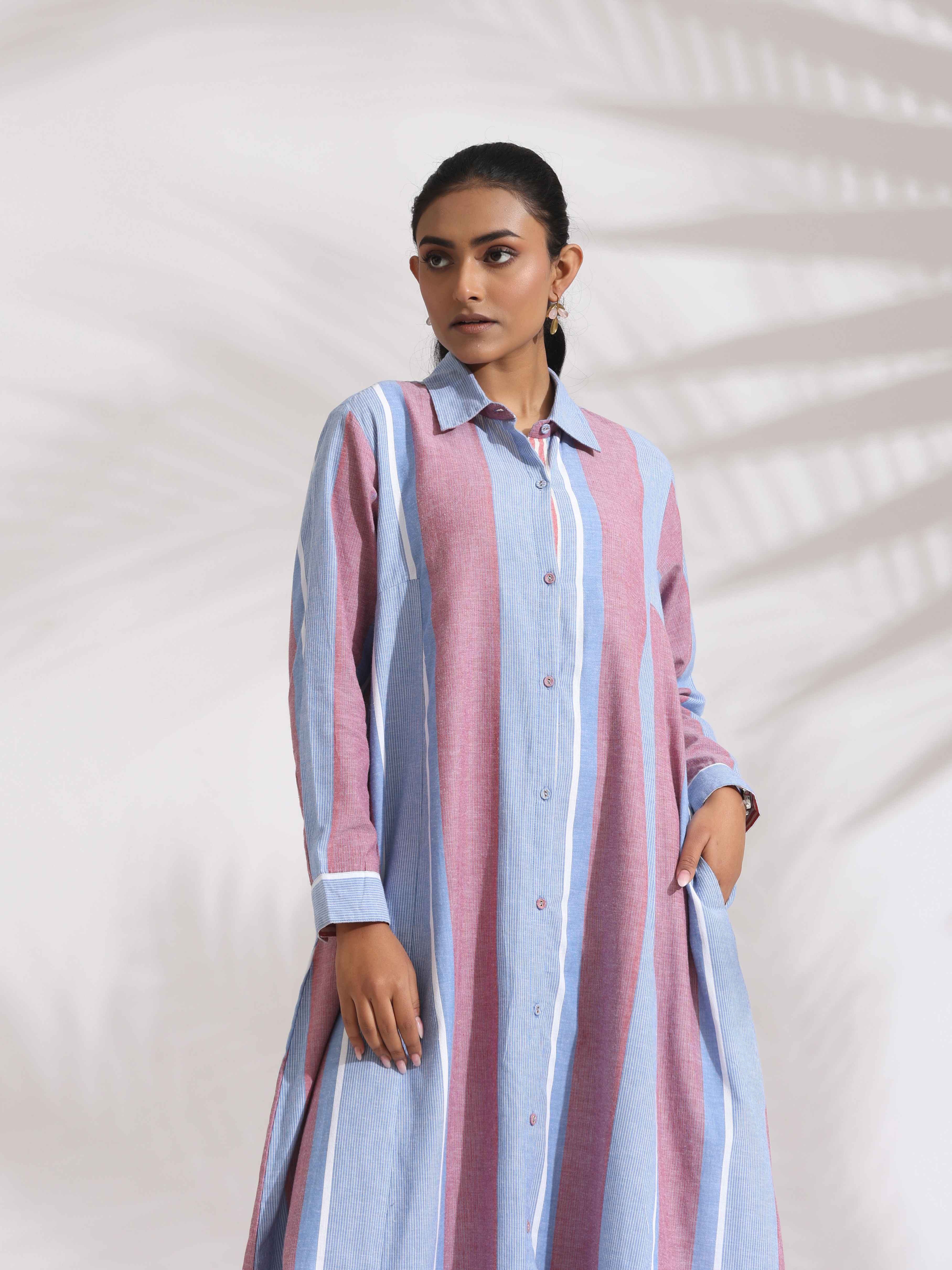 trueBrowns Blue Cotton Stripe Flared Shirt Dress - Distacart