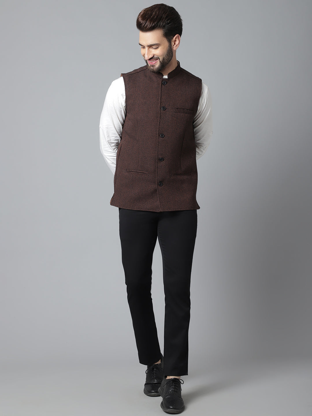 Even Apparels Men's Brown Nehru Jacket With Welt Pockets