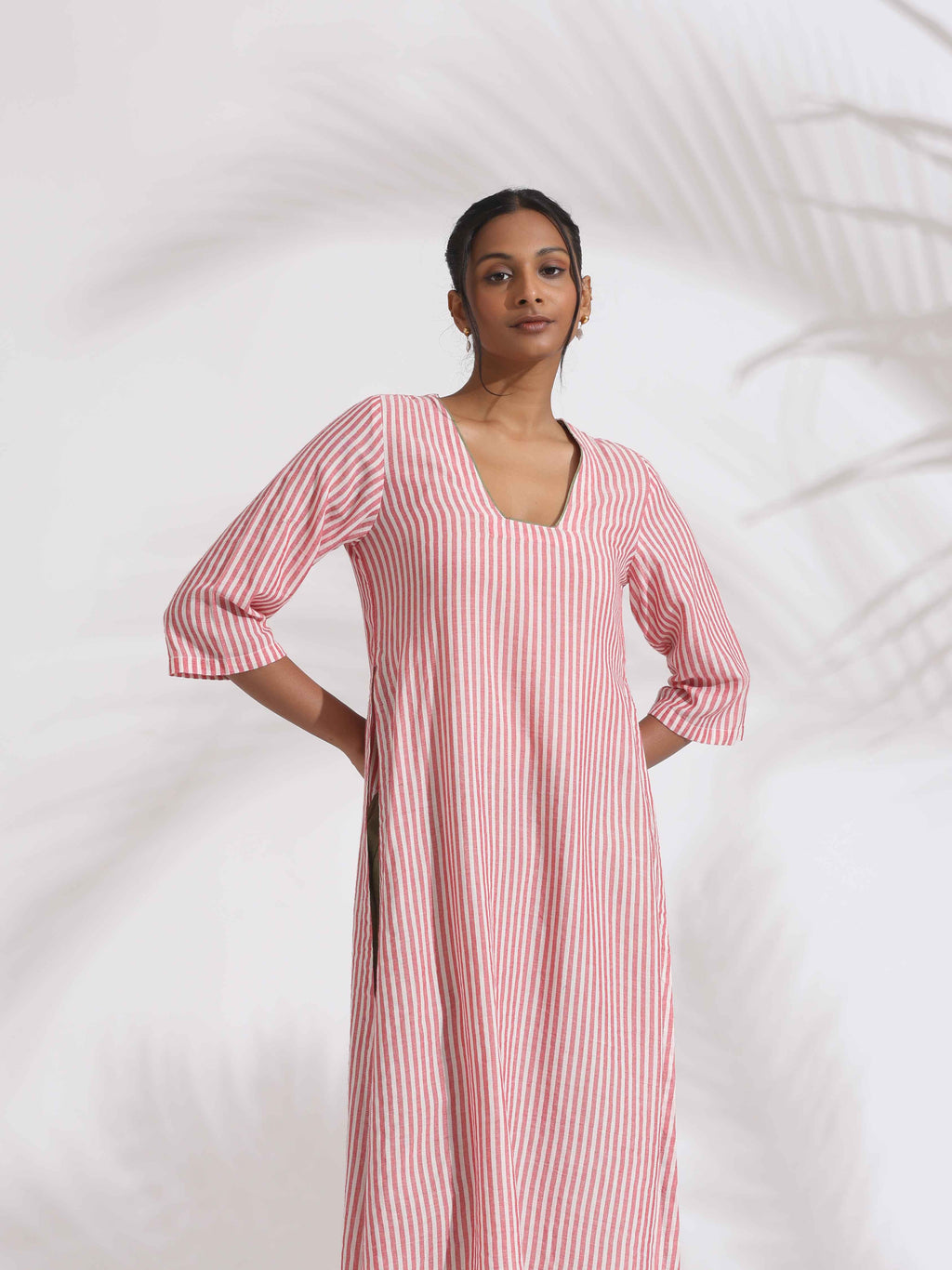 trueBrowns Red Cotton Stripe Straight Kurta Set - Distacart
