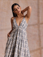 trueBrowns Grey Dabu Buta Print Cotton Sleeveless Dress - Distacart