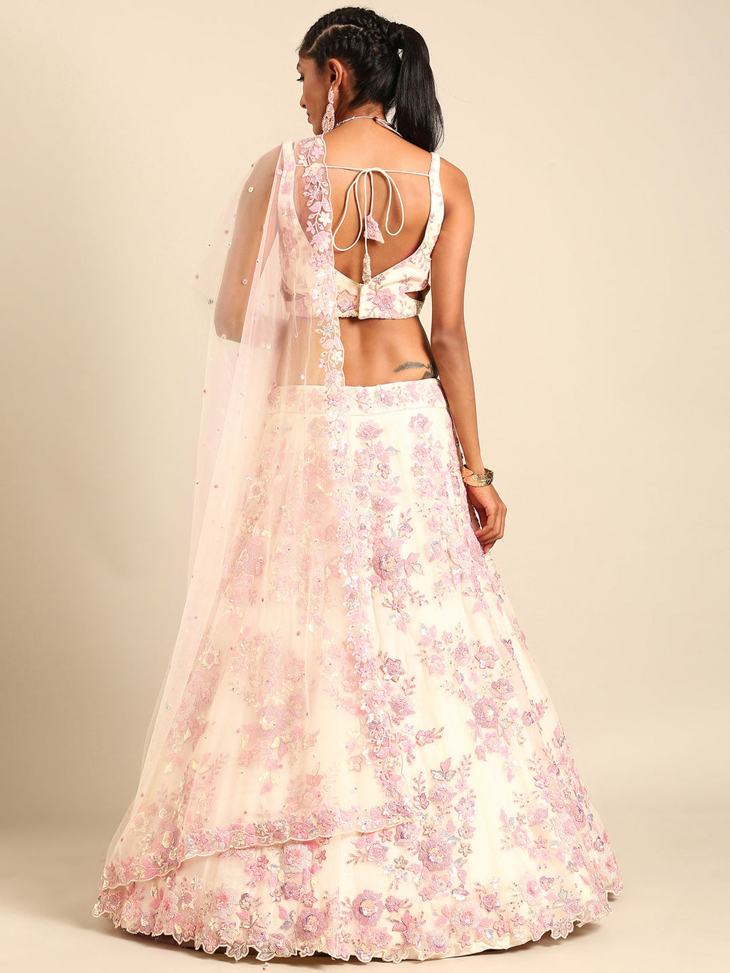 House of Panchhi Cream Net Sequins with heavy Zarkan embroidery Lehenga choli & Dupatta