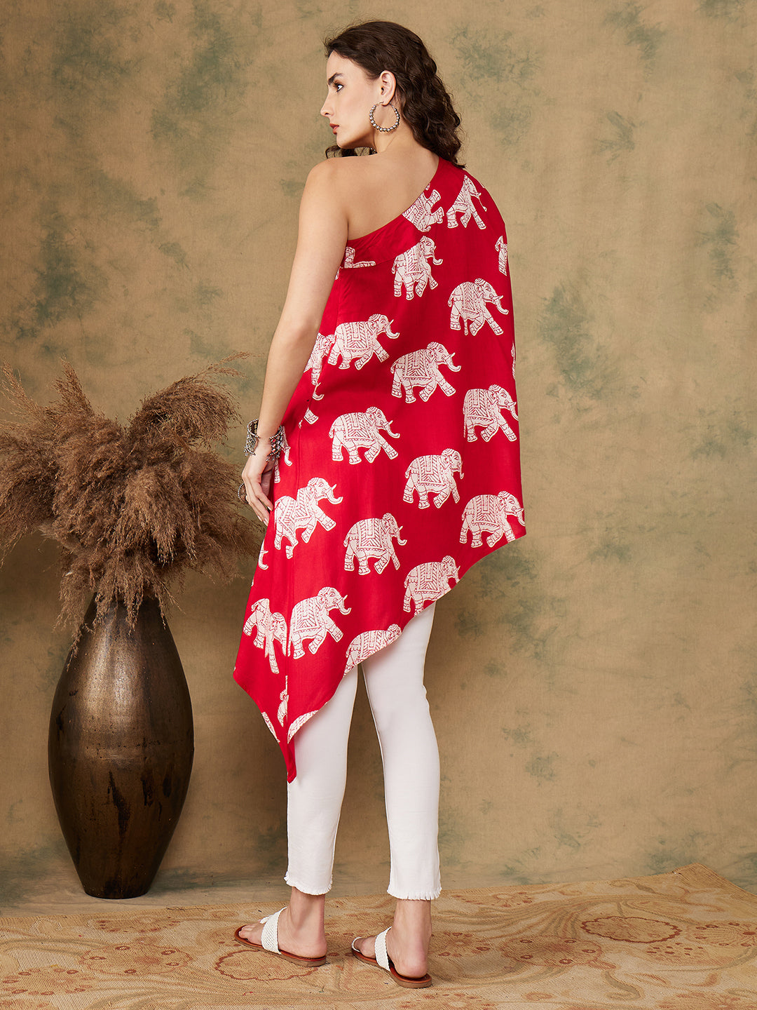 InWeave Women's Red Elephant Print Oneshoulder Top