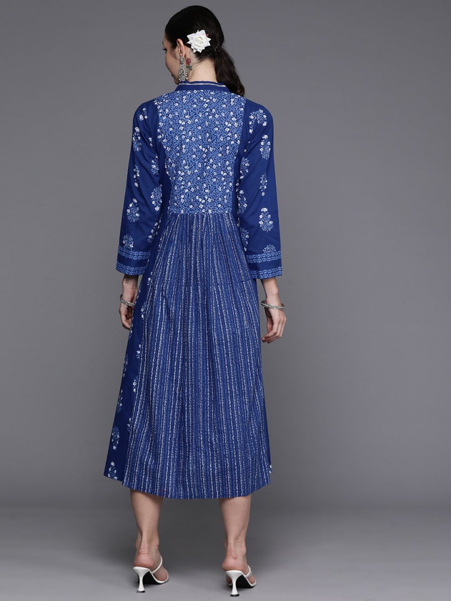 Ahalyaa Floral Print Midi Pure Cotton Ethnic Dress with Lace Inserts Detail - Distacart