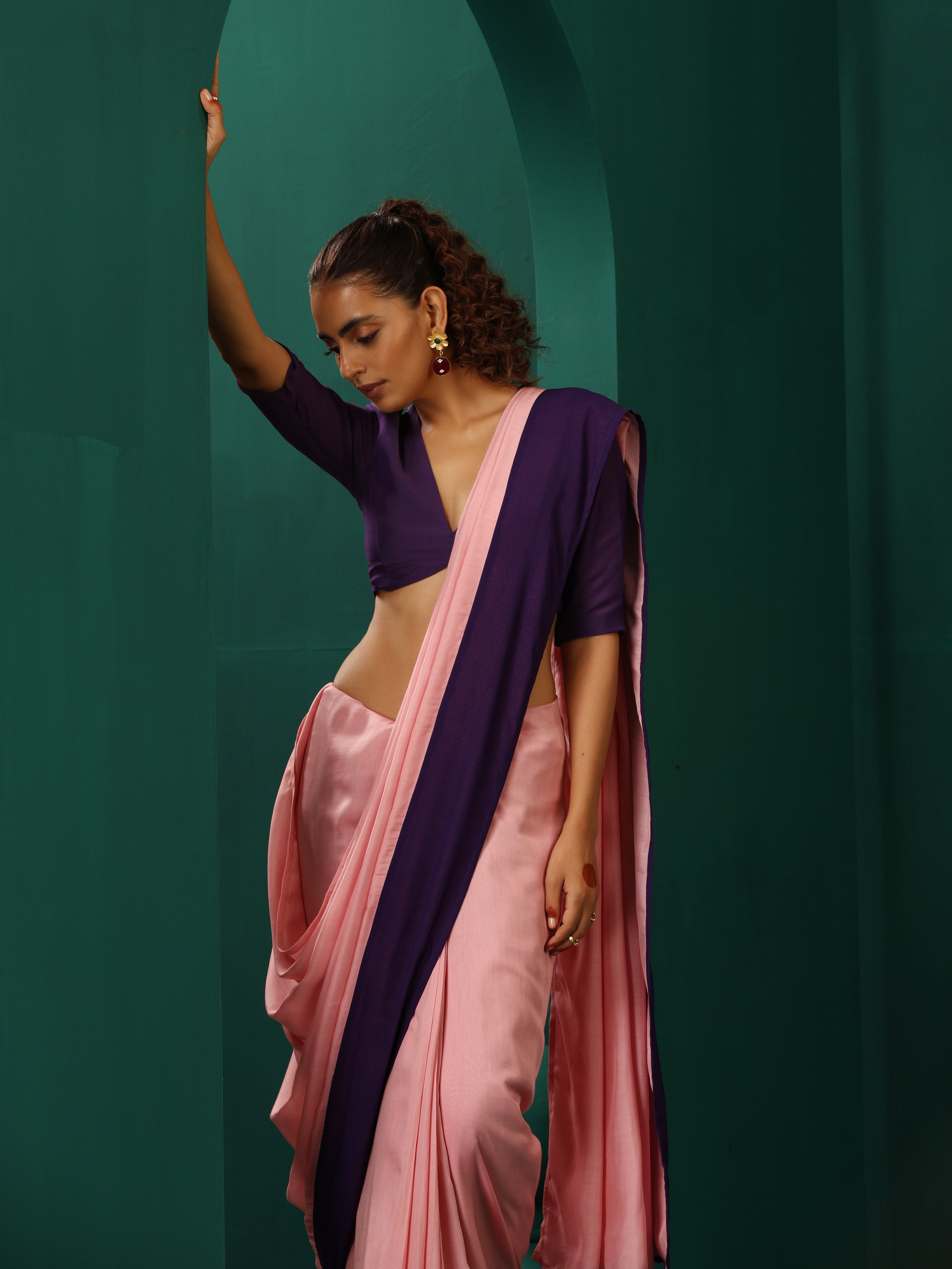 trueBrowns Pink Purple Muslin Silk Ready to Wear Saree