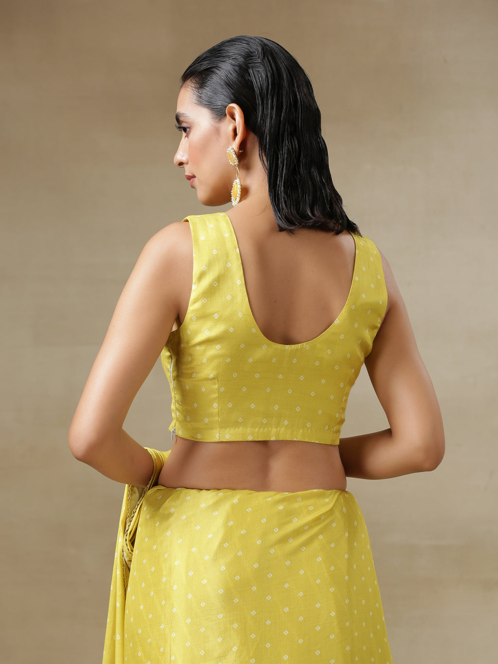 trueBrowns Lime Green Bandhani Printed Silk Sleeveless Blouse