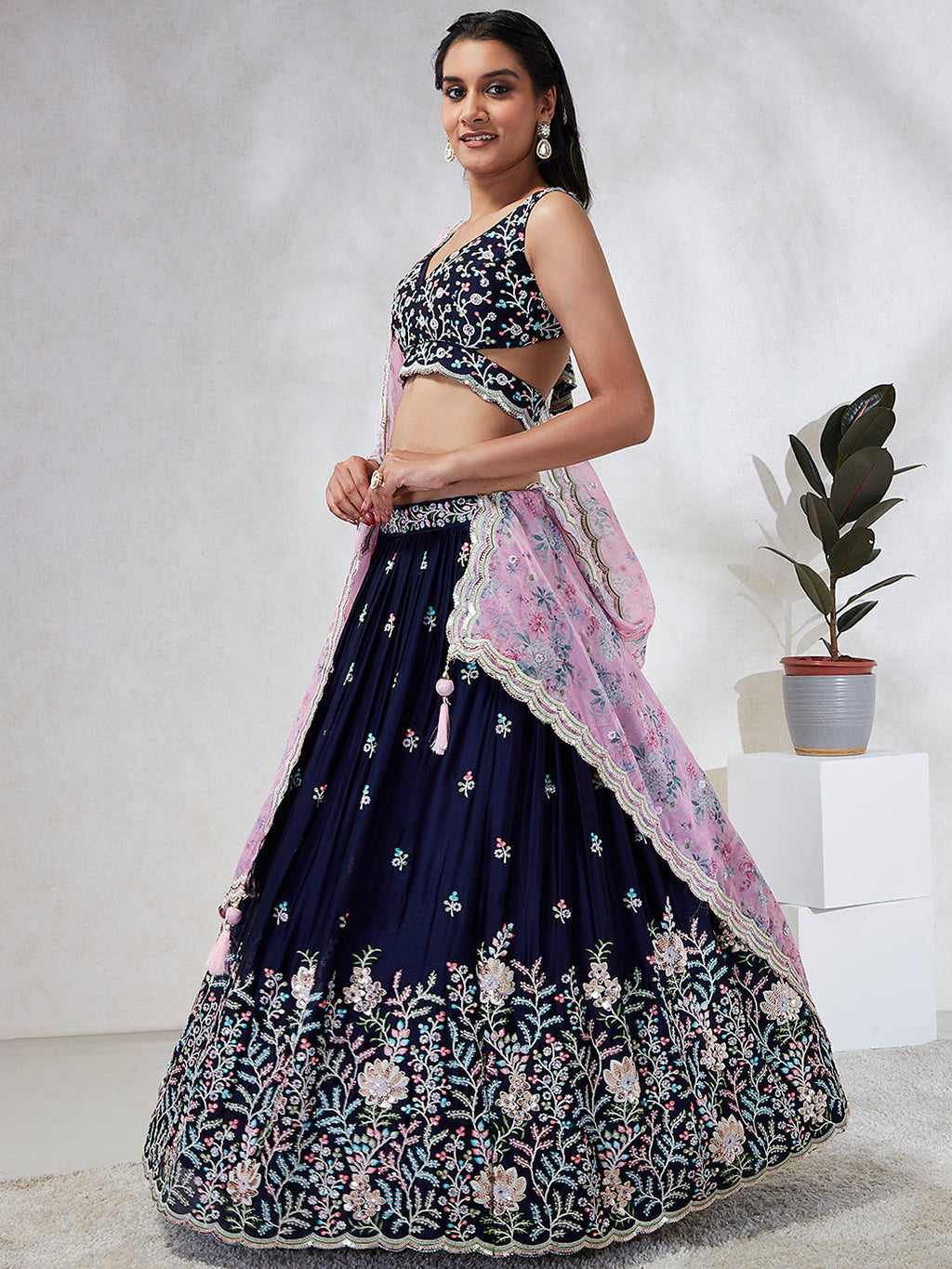 House of Panchhi Navy Blue Georgette Sequins, Mirror And Thread Embroidery Lehenga Choli & Dupatta