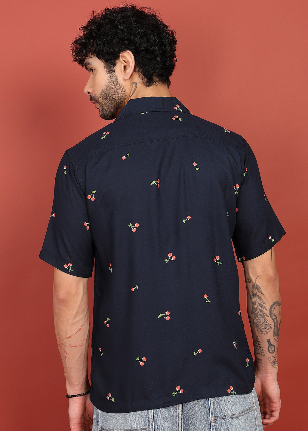 Fabmade Midnight Cherry Printed Cuban Collar Shirt