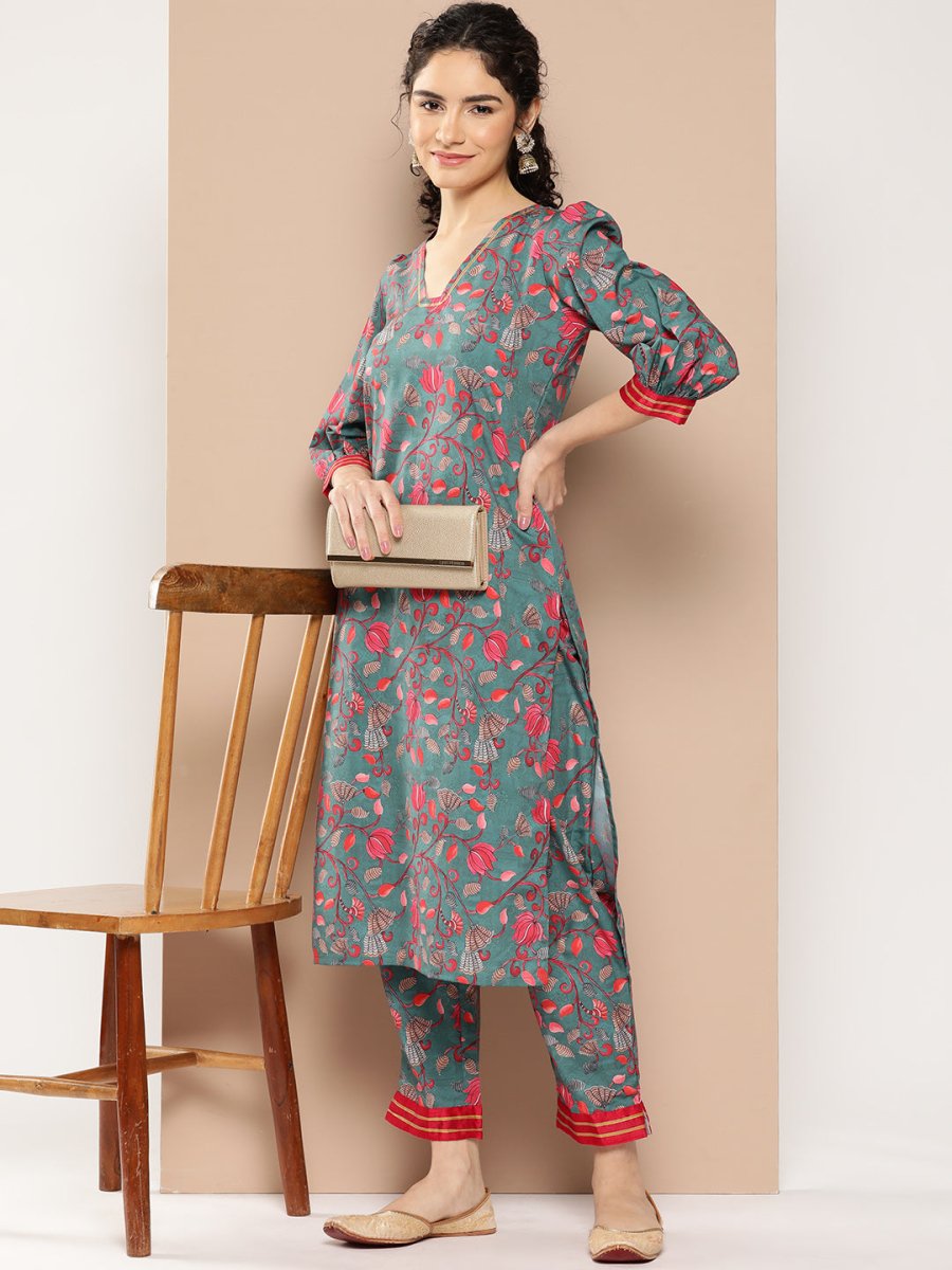 Ahalyaa Women Floral Printed Regular Gotta Patti Kurta with Trousers