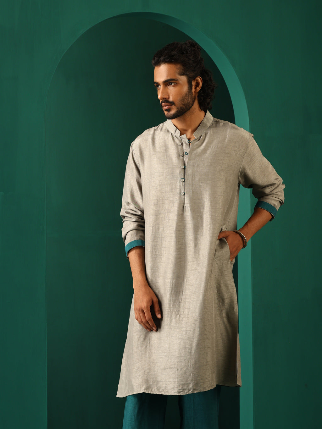 trueBrowns Men's Grey Silk Long Kurta