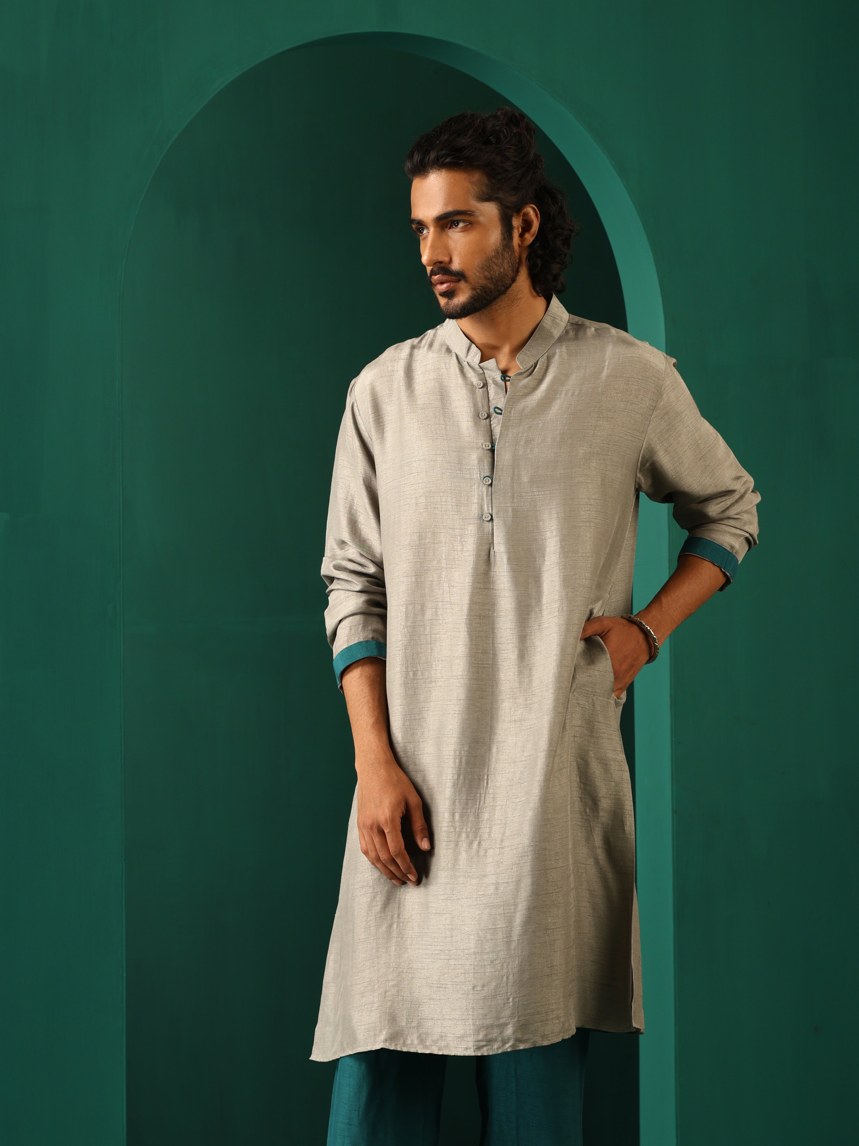 trueBrowns Men's Grey Silk Long Kurta