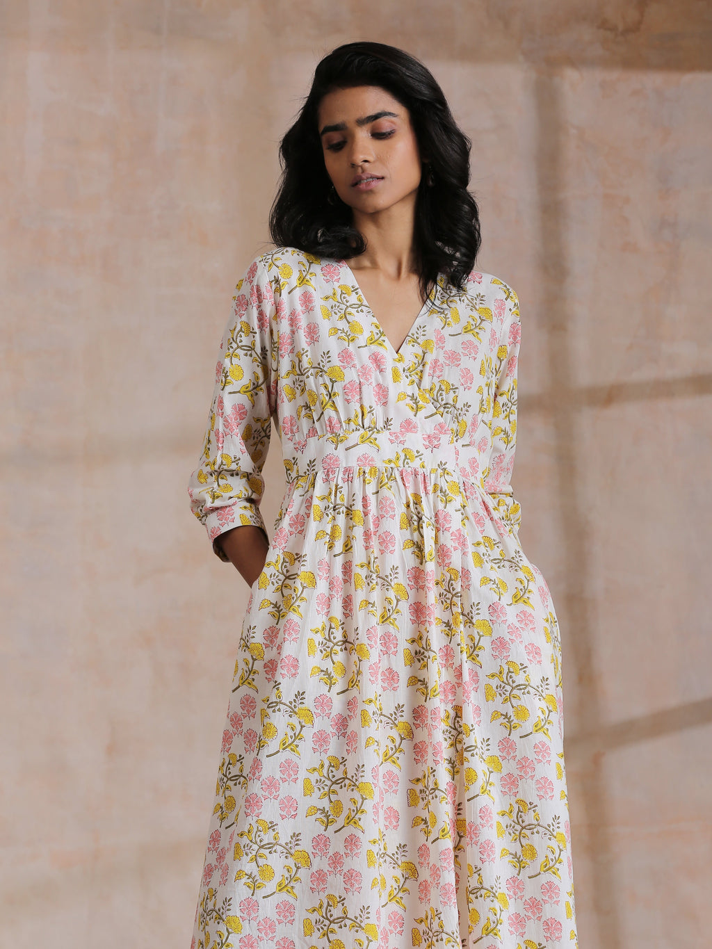 trueBrowns Pink Yellow Floral On White Block Print Cotton Wrap Dress | Relove - Distacart
