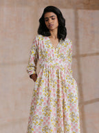 trueBrowns Pink Yellow Floral On White Block Print Cotton Wrap Dress | Relove - Distacart