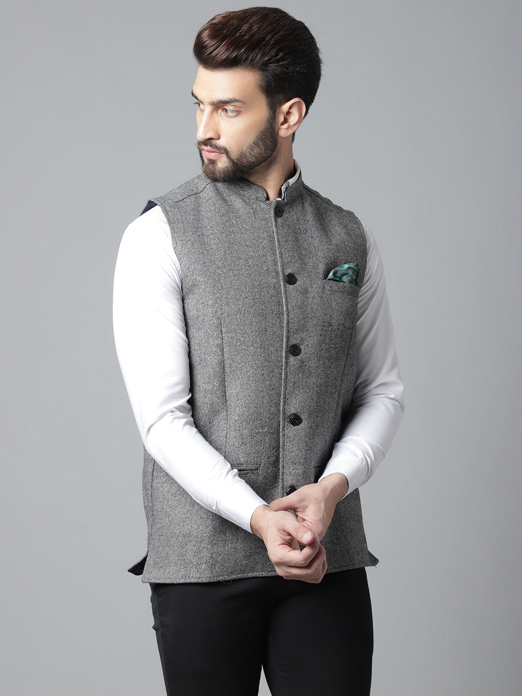 Even Apparels Men's Grey Pure Wool Nehru Jacket