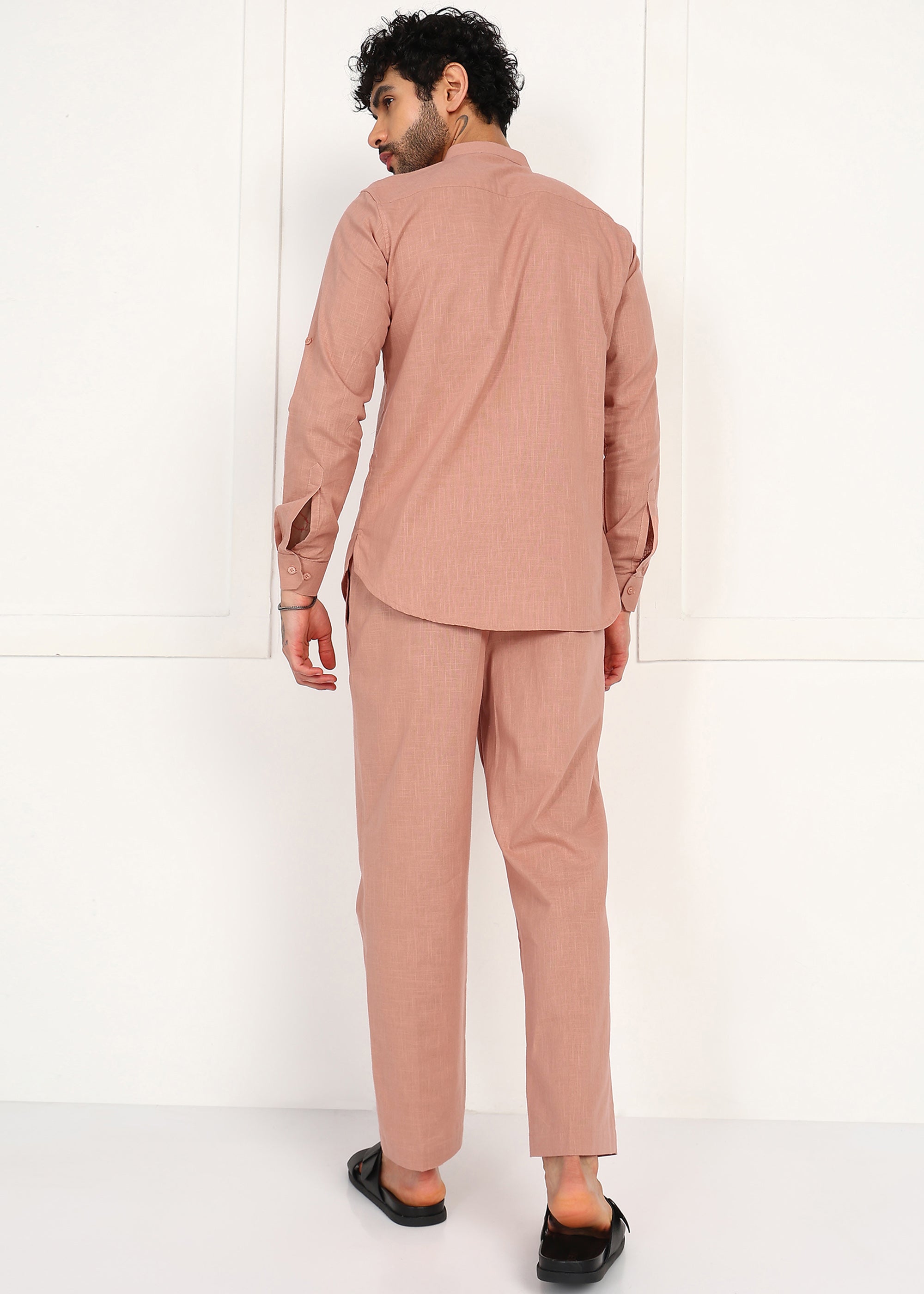 Fabmade Men’S Peach Linen Short Kurta Set