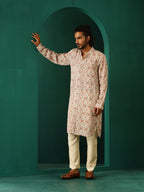 trueBrowns Men's Off White Circle Floral Muslin Silk Printed Long Kurta