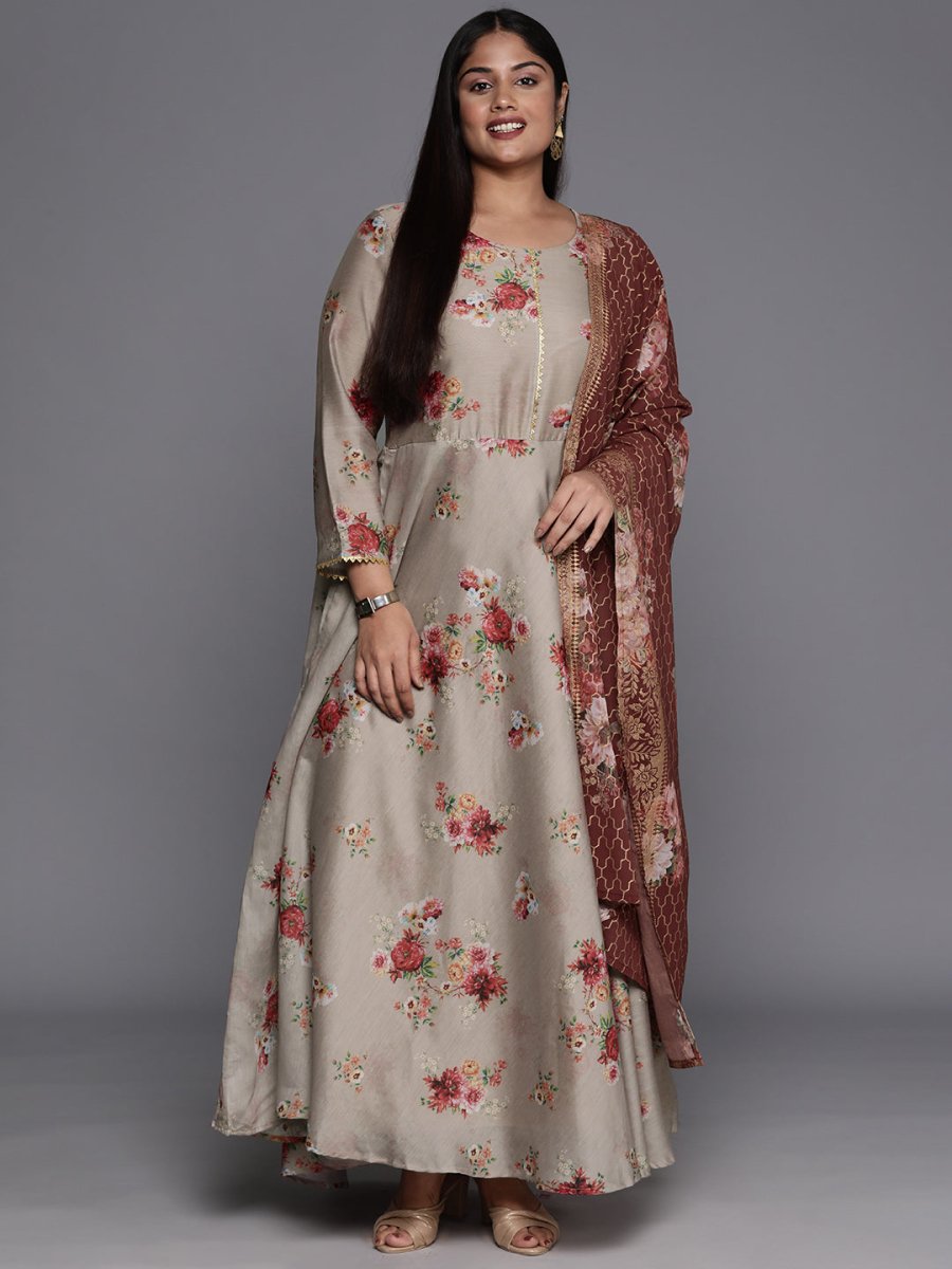 Ahalyaa Plus Size Round Neck Maxi Ethnic Dress With Dupatta - Distacart