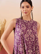 InWeave Dusty Mauve Paisley Round Neck Kurta Short Palazzo Set
