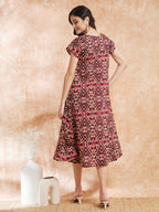 InWeave Women's Wine Ikkat Print A Line Dress - Distacart