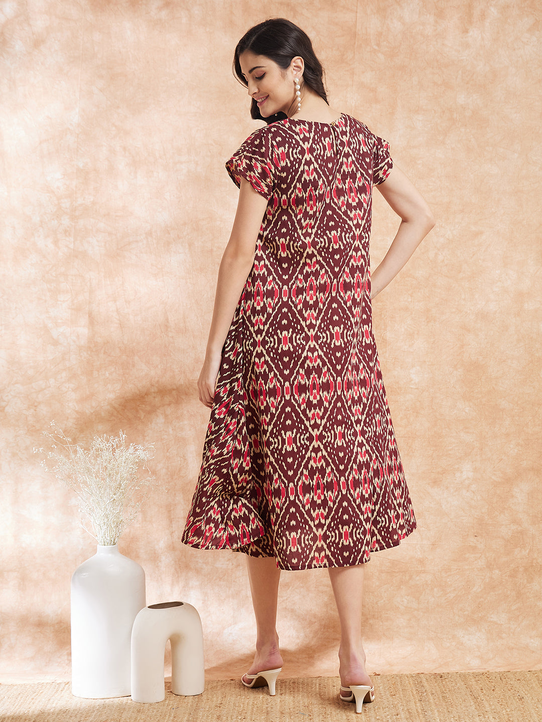 InWeave Women's Wine Ikkat Print A Line Dress - Distacart