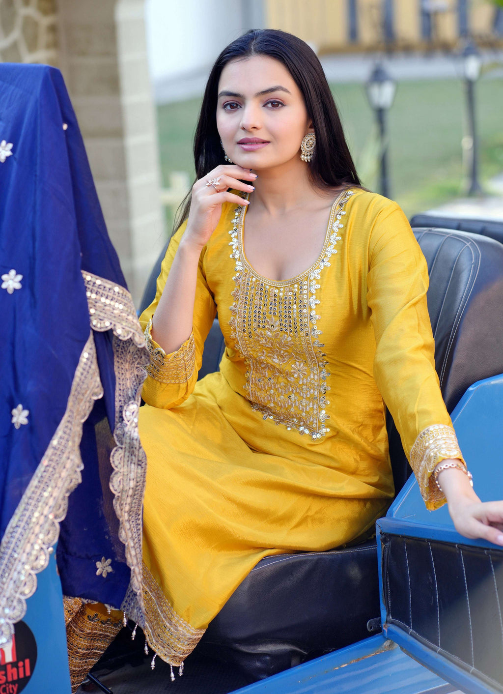 Yash Enterprise Yellow Heavy Sequence Embroidery Salwar Suit Set - Distacart